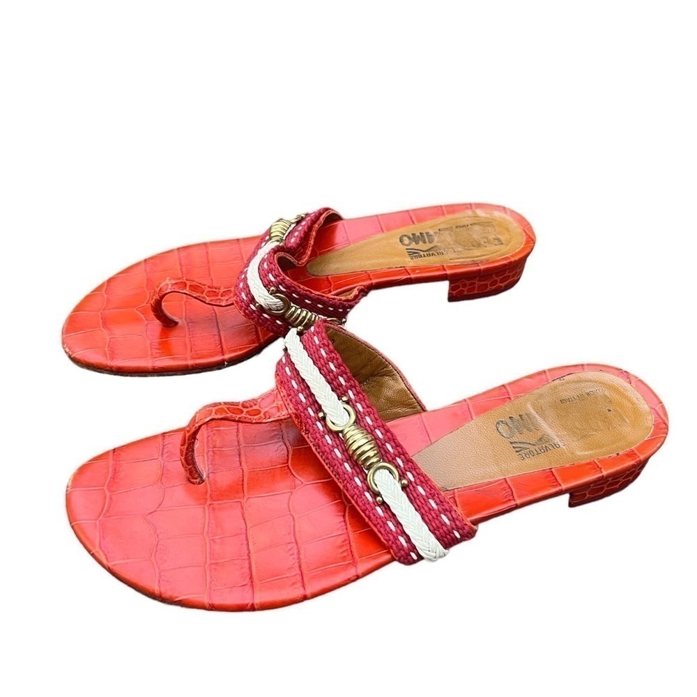 Salvatore Ferragamo red orange T strap rope crock embossed leather sandals 7.5
